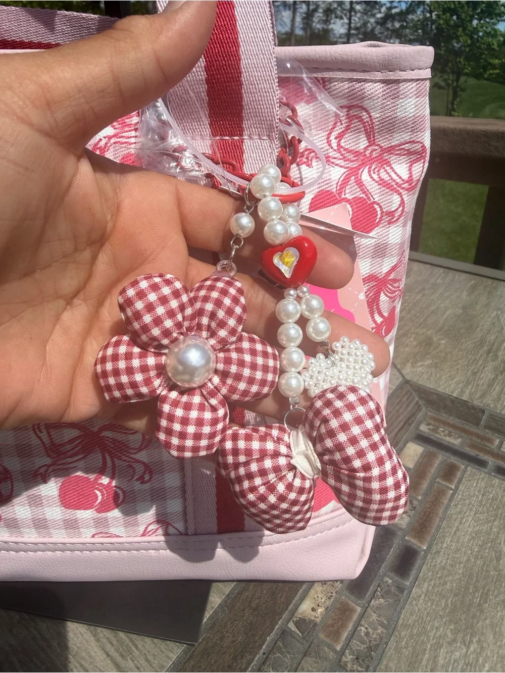 NWT Betsy Johnson Cherry Gingham Med Tote Crossbody w/ Charms Bag - Picture 3 of 5